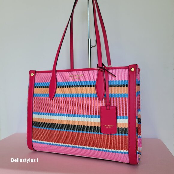 KATE SPADE Market Striped Woven Straw Medium Tote Bag-Wild Raspberry Multi ⭐ - Picture 4 of 16